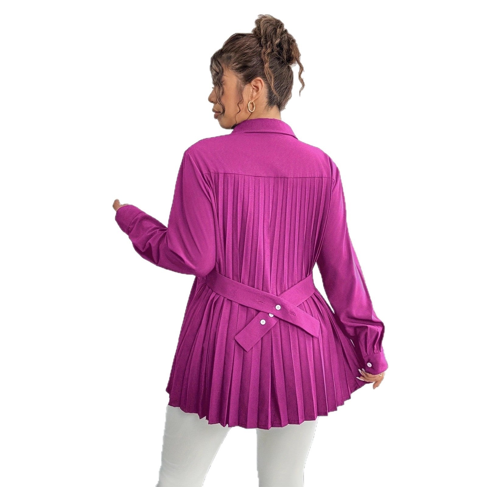 Elegant Casual Solid-color Shirt With Waist Pleats