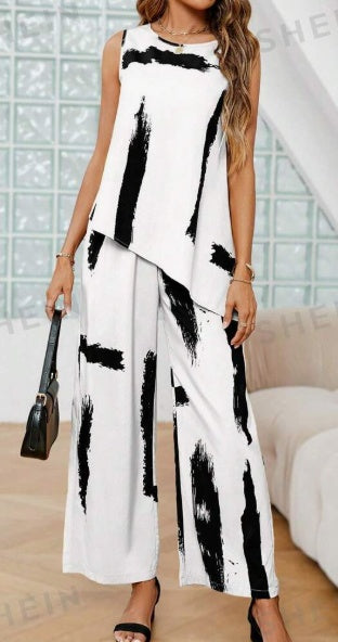 Women's Printed Round Neck Sleeveless Top And Long Pants Set